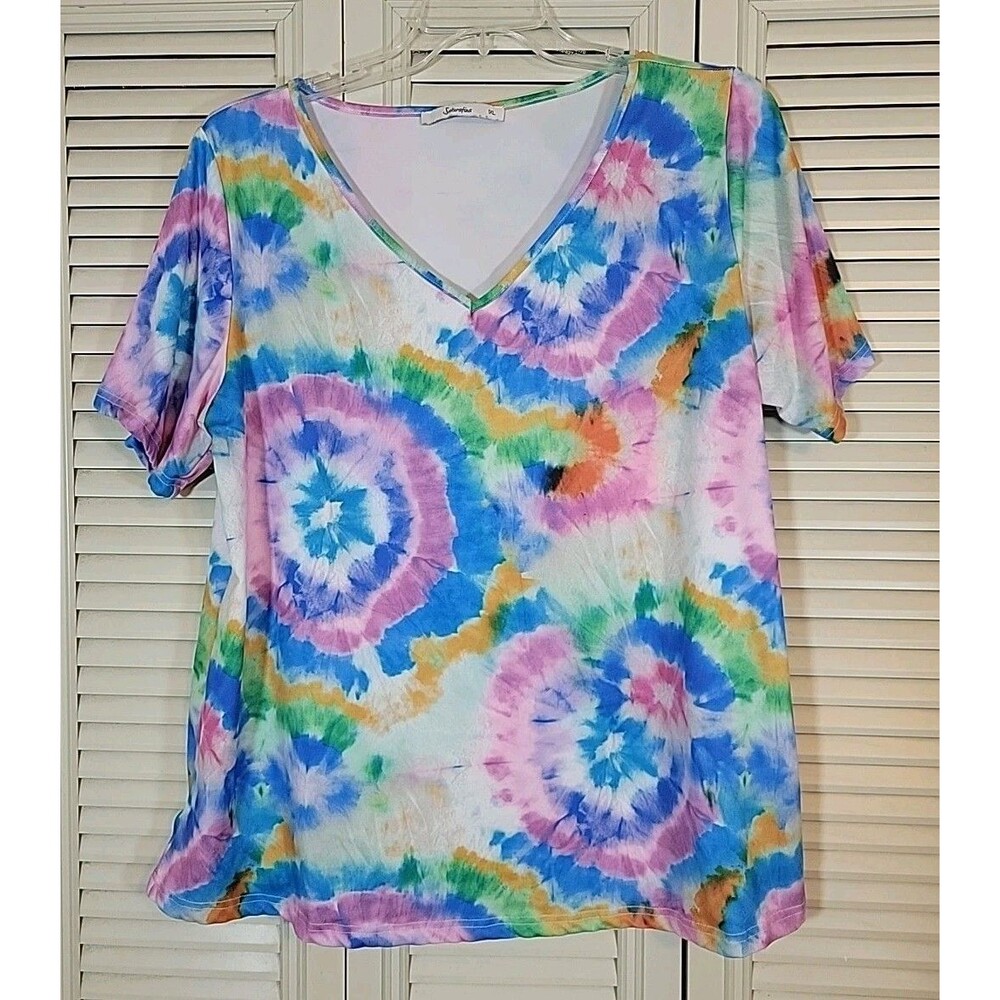 Sakurafina Shirt Womens 1XL Tie-dye Colorful Stretch Casual Top Hippie/Boho Chic